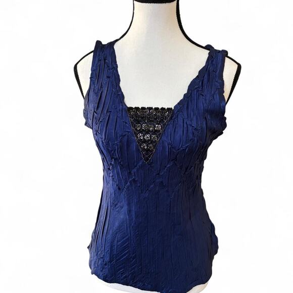 y2k‎ vtg. Midnight Blue Beaded Crinkle Top Blouse kOMAROVsize Medium - Picture 2 of 8